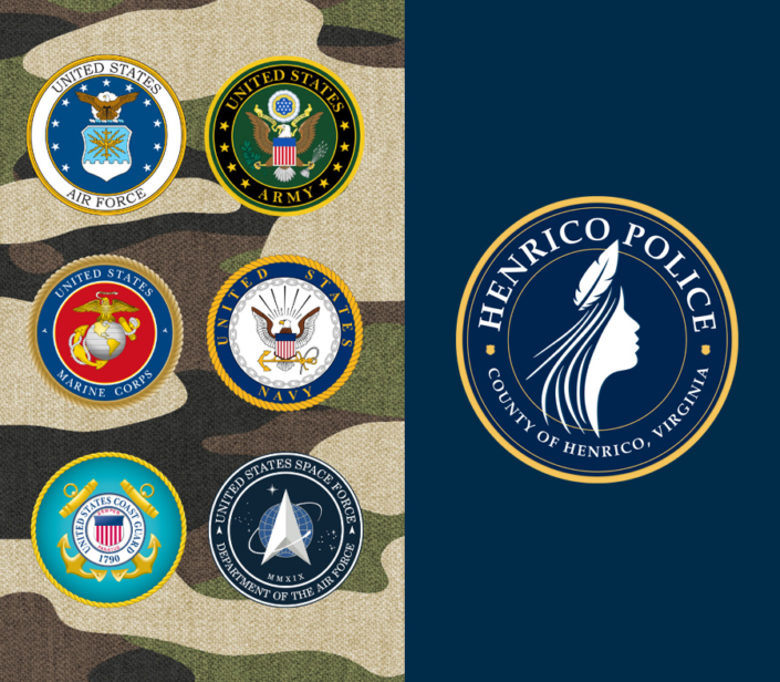 U.S. Military Branch logos and Henrico Police logo.